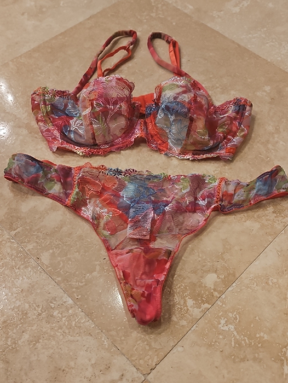 Calvin Klein Sheer Floral Bralette with Vibrant Coral Trim